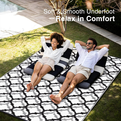 OLANLY Reversible Outdoor Rug 6x9 ft Clearance, Waterproof Outdoor Plastic Straw Rug with Interlacing Pattern, RV Mat for Patio, Camping, Balcony, Deck, Backyard, Black & White