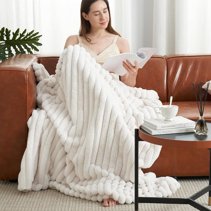 Amélie Home Faux Fur Throw Blanket for Couch, Cozy Fuzzy Fluffy Fur Luxurious Soft Striped Plush Gift Blankets for Family Sofa Chair Bed Living Room Bedroom, 55"x70", Ivory