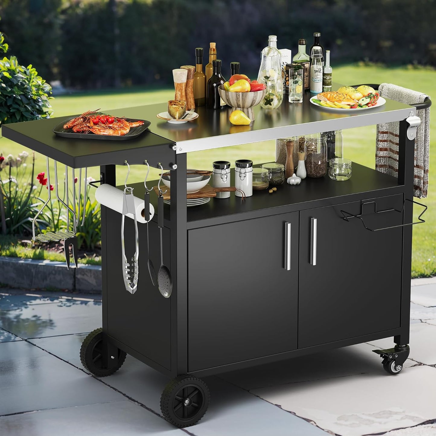Vongrasig Grill Cart with Storage, Outdoor Bar Cart Rolling BBQ Cart Movable Pizza Oven Table Stand with Foldable Stainless Steel Top & Storage Cabinet, Black