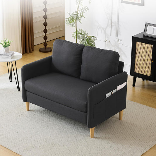 VINGLI 47" Small Couch, Linen Loveseat Sofa Black Mini Couch Mid Century Modern Decor Love Seat for