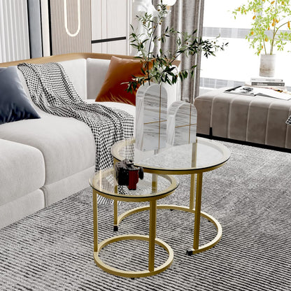 aboxoo Gold Nesting Coffee Table Set of 2, Small Glass Round Nesting Tables for Living Room Bedroom, Accent Tea Table with Metal Frame Modern Industrial Simple