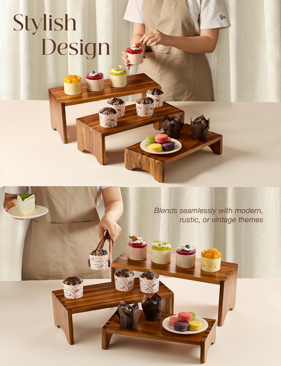 Acacia Wood Risers Display Stands Set of 3 - Wooden 3 Tier Cupcake Stand - 3 Tiered Riser for Vendors - Decorative Display Risers for Food Desserts Stand, Perfume, Funko POP at Party Wedding