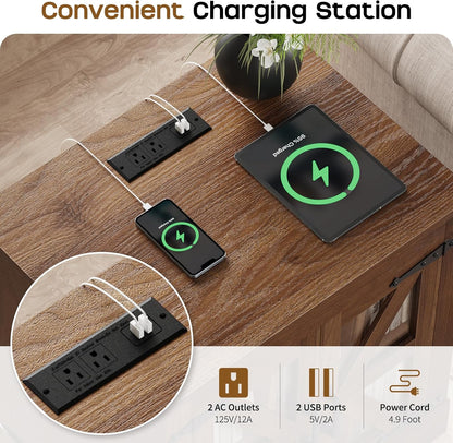 Farmhouse Side Table with Storage Cabinet, End Table with Adjustable Shelf, Night Stand, Wood Nightstand with Charger Station, 24 End Tables Living Room, Rustic Bed Side Tables Bedroom, Walnut