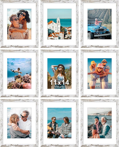Vittanly 11x14 Picture Frames Set of 9, Shatter Resistant Plexiglass, Display 8x10 Pictures with Mat or 11x14 without Mat, Photo Frames for Wall or Tabletop, Engineered Wood, Distressed White