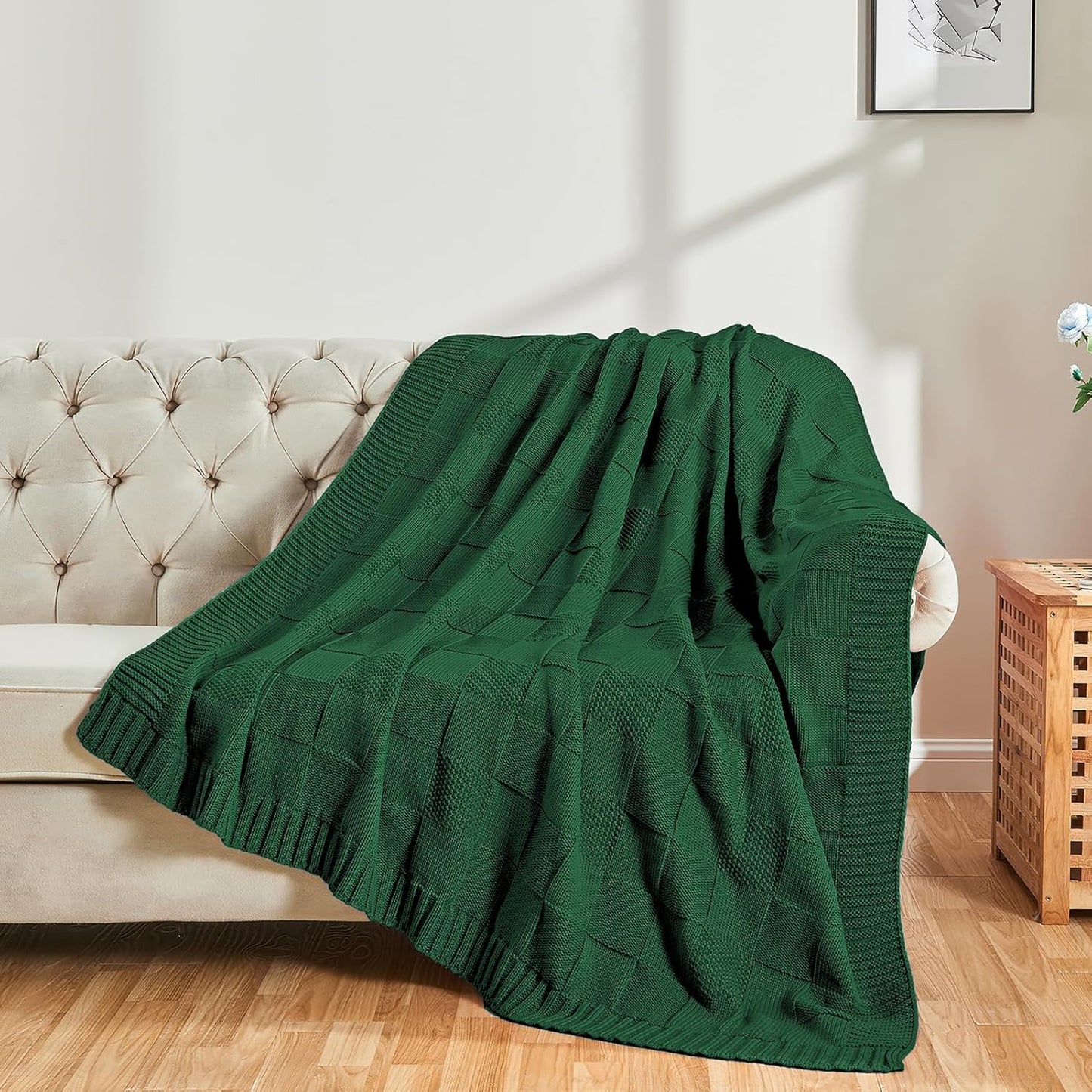 CozeCube Knit Throw Blanket, Green Checkered Throw for Couch, Soft Cozy Warm Knitted Blanket for Bed Sofa Living Room, 60"X80", Forest Green