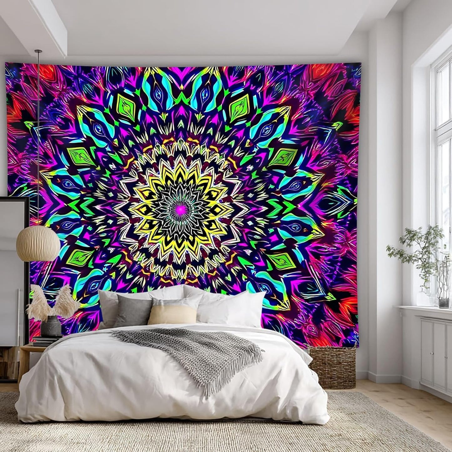 Blacklight Mandala Tapestry for Bedroom, XL Black Light Posters for Adults and Teens, Colorful UV Reactive Aesthetic Bohemian Wall Art Decor (90 x 70 Inches)