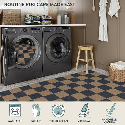 Lahome Checkered Easy Jute Living Room Rugs, 5x7 Dining Room Office Rug Farmhouse Outdoor Patio Carpet, Checkerboard Washable Non Slip Indoor Outdoor Blue Carpet for Backyard Entry Deck