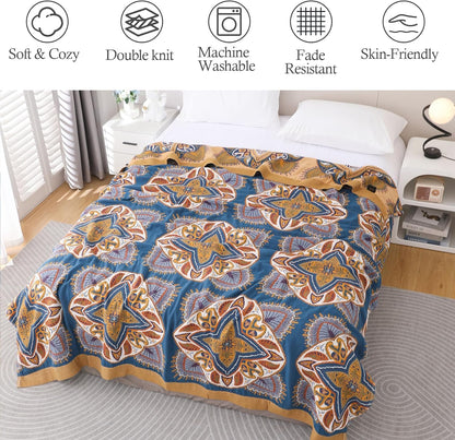 Snycler Boho Throw Blanket for Bed - 100% Cotton Ultra Soft Rustic Quilt Blanket Orange Green Printed Farmhouse Decor Bed Blankets, 80"×90" All Season Rustic Throw for Sofa Couch Chair