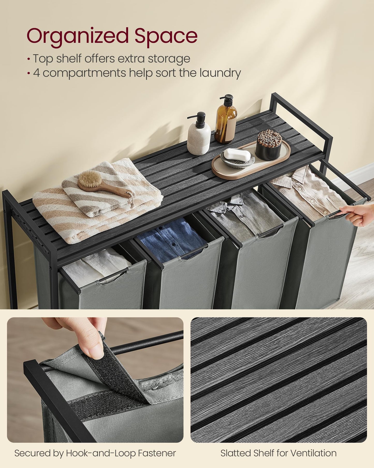 VASAGLE Laundry Hamper, Laundry Basket, Laundry Sorter with 4 Pull-Out and Removable Bags, Shelf