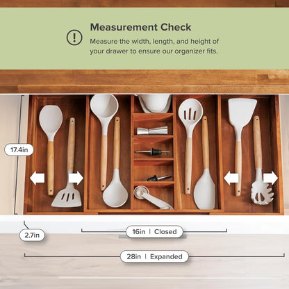 Adjustable Kitchen Drawer Organizer for Utensils and Junk, Food-Safe Contract Grade with 100% Sustainable Wood, Non-Slip, Expandable from 16" to 28" Wide - Natural Acacia