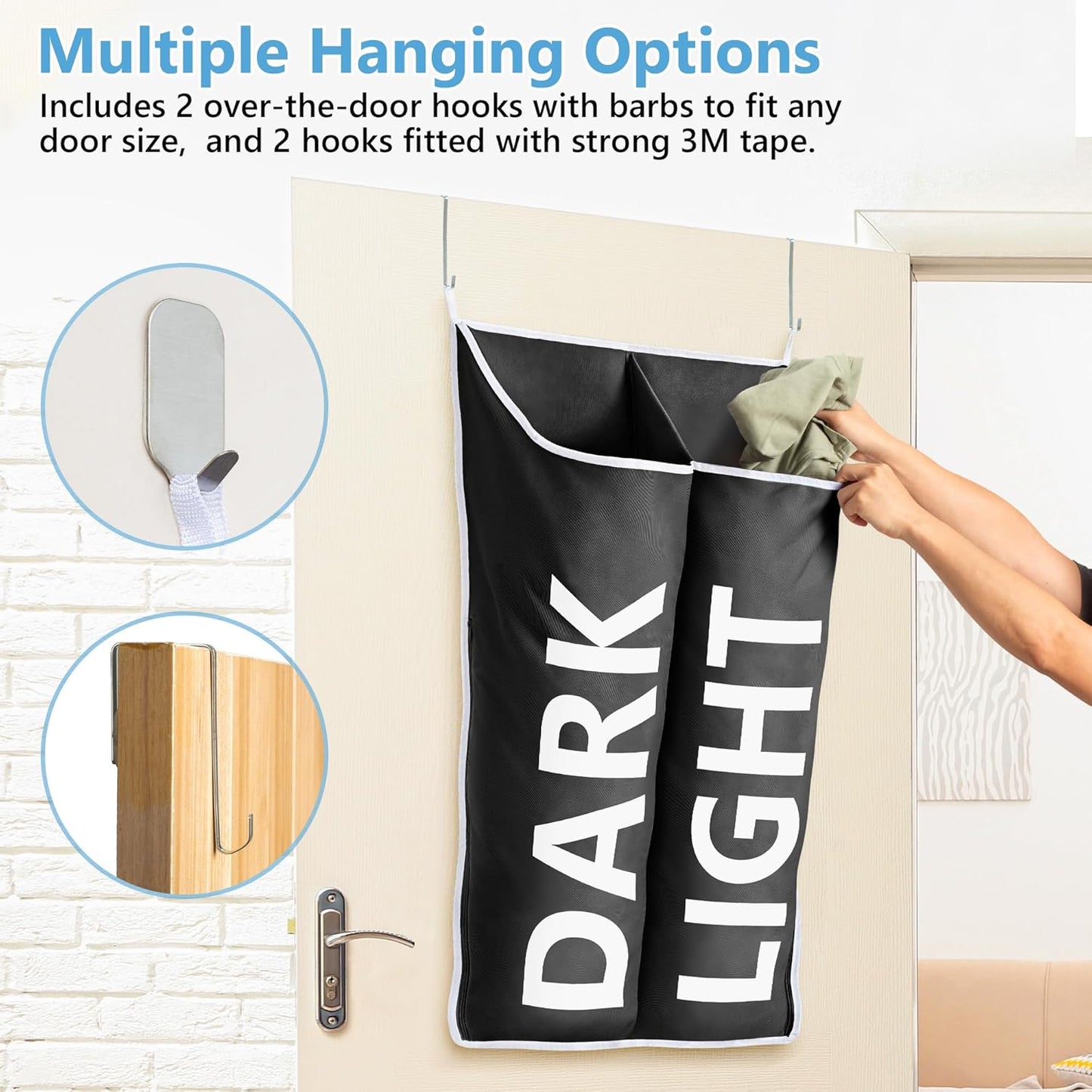 Hanging Laundry Hamper Bag XL 40x22", Space Saving over the Door Storage Bags, Behind the Door Hampers for Dirty Clothes & Wall Mounted Basket for Bathroom, Organizer for Small Room Spaces RV