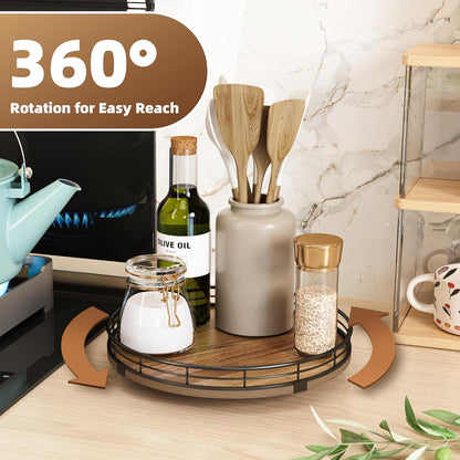 Acacia Wood 10" Lazy Susan Turntable Organizer for Table Top, Farmhouse Round Wooden Lazy Susan for Cabinet Kitchen Centerpieces Coffee Table, for Condiments Spices, Bathroom Vanity Tray Decor