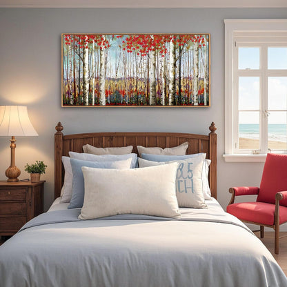 Large Framed Wall Art for Living Room Birch Tree Wall Decor Red Forest Painting Artwork Wall Decoration Nature Pictures Wall Art Fall Above Bed Wall Decor