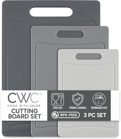 COOK WITH COLOR Non-Slip Cutting Board Set – Kitchen Essentials with Easy Grip Handle for Meat, Veggies, and Fruits, 3 Cutting Boards, Gray