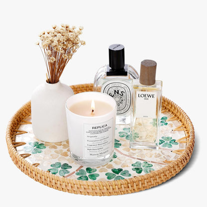 Round Rattan Tray with Mother of Pearl Inlay & Wooden Base - Decorative Wicker Serving Tray for Coffee/Bread/Fruits, Food Storage & Display - Multipurpose Home Decor (L,Four-Leaf Clover)