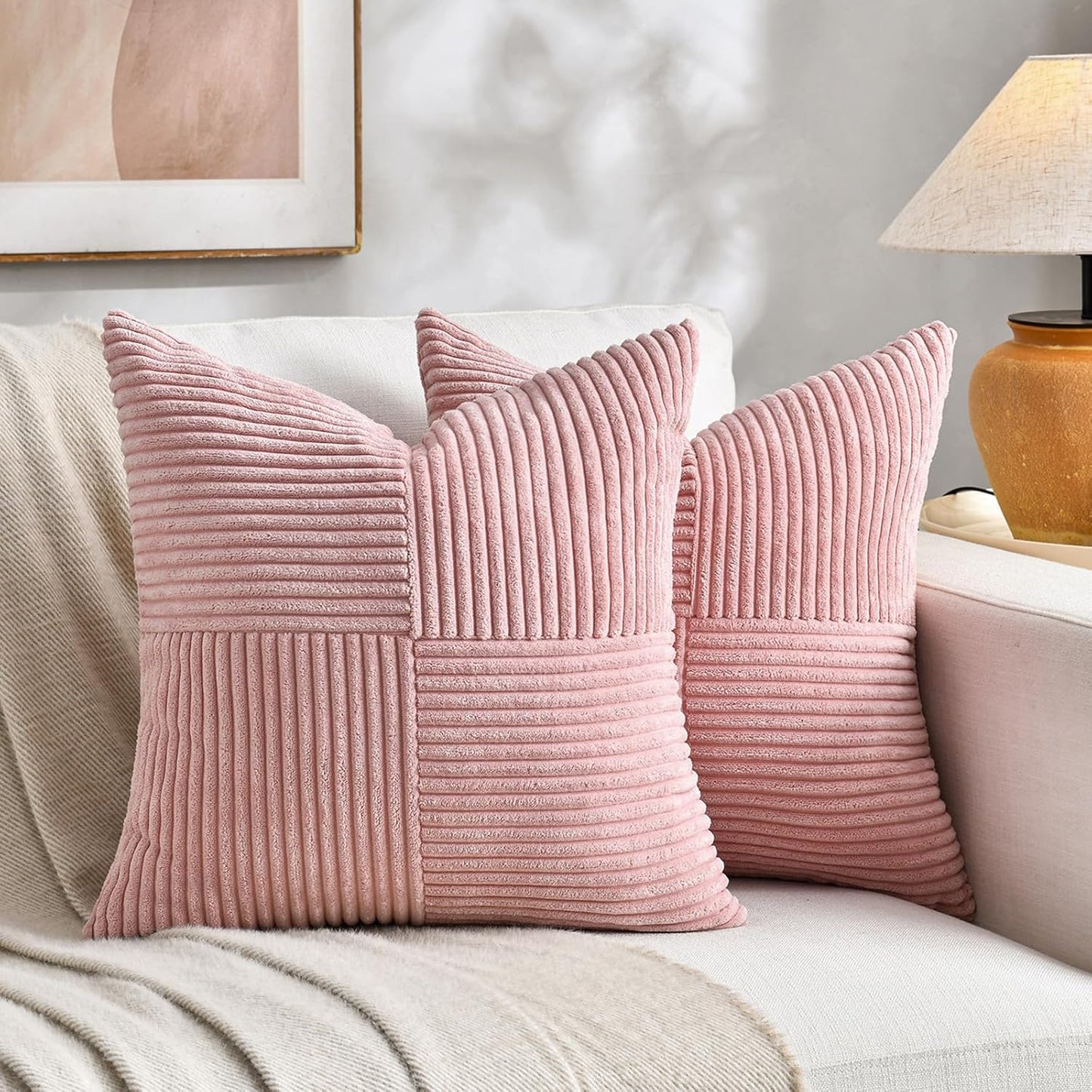 Fancy Homi 2 Packs Blush Pink Euro Decorative Throw Pillow Covers 28x28 Inch for Couch Bed Sofa, Farmhouse Boho Home Decor, Soft Corss Corduroy Patchwork Textured Square Cushion Case 71x71 cm