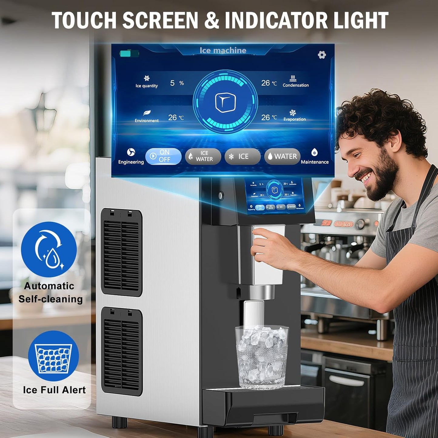 Nugget Ice Maker Countertop, 60LBS/Day with 5LBS Storage Bin, Water Dispenser Countertop Ice Maker Machine Stainless Steel, Soft Chewable Pellet Ice Machine for Home Bar Kitchen Office, Self-Cleaning