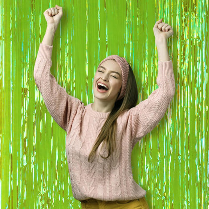 3 Pack 3.3x8.2 Feet Neon Green Foil Fringe Backdrop Curtains, Tinsel Streamers Birthday Party Decorations, Fringe Backdrop for Graduation, Baby Shower, Gender Reveal, Disco Party