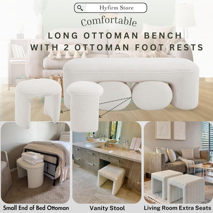 3-Piece 53" Comfy Upholstered Dining Bench with 2 Ottomans, Accent Waterfall Bench Modern End of Bed Entryway Bench Vanity Stool, White Chenille