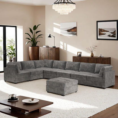 ovios Sectional Sofa Couch with L-Shape Chaise Ottoman, Comfy Modular Cloud Couches with Deep Seat, Modern Upholstered Plush Corduroy Sofas Set for Living Room, 8-Seater, Grey