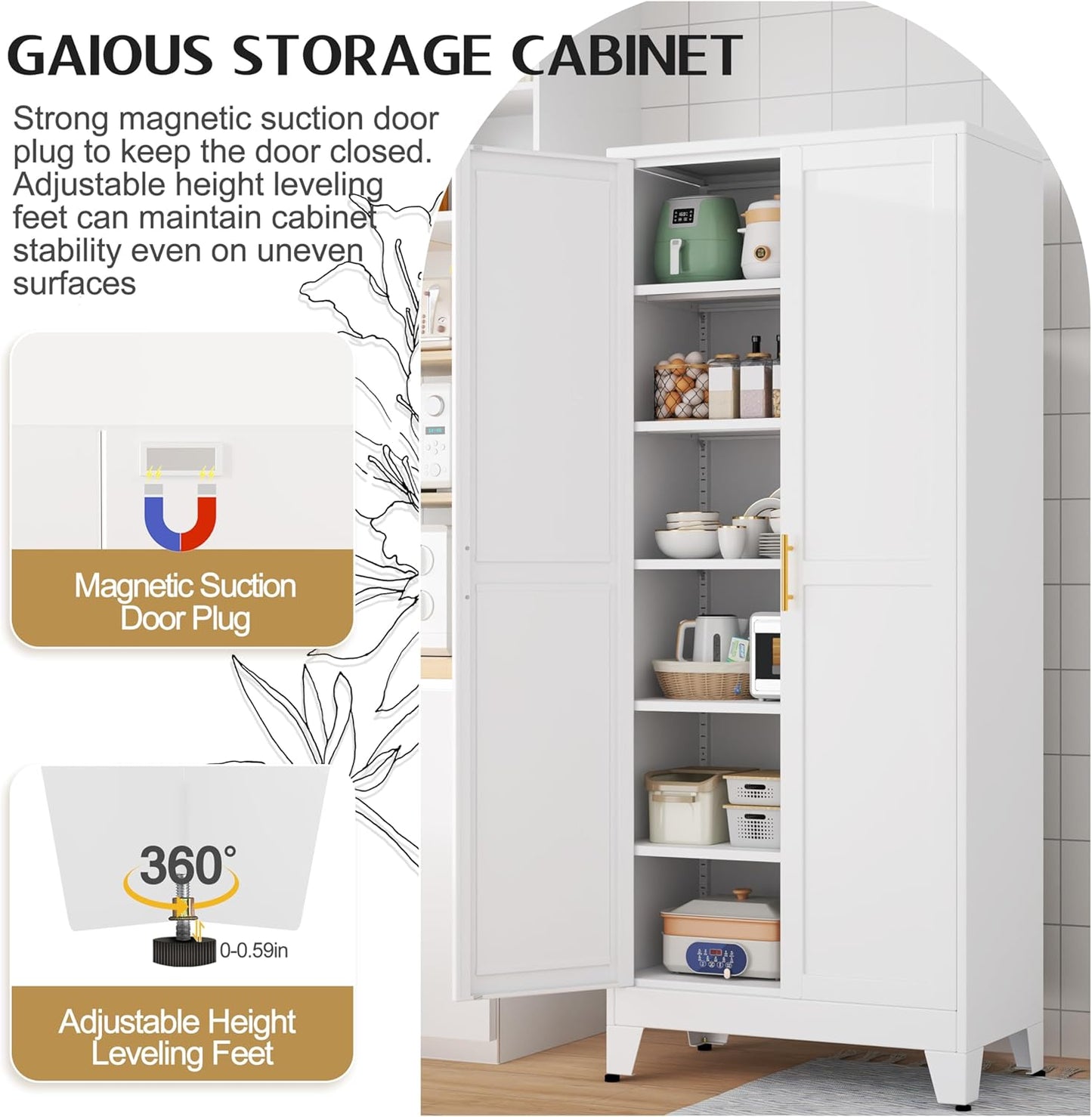 75.2" Tall Pantry Cabinet, Kitchen Pantry Storage Cabinets with 2 Door and 5 Adjustable Shelves, White Metal Pantry Storage Cabinet, Cupboard for Kitchen, Dining Room, Living Room and Bathroom