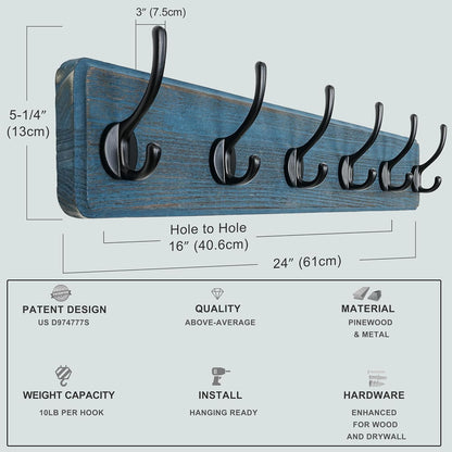Dseap Coat Rack Wall: 24" Long, Patented, Heavy-Duty, 6-Double-Hooks Wooden Wall Mounted Coat Rack Coat Hanger Hook Rail for Winter Coats Hat Jacket Clothing, Weathered Blue, Pack of 2