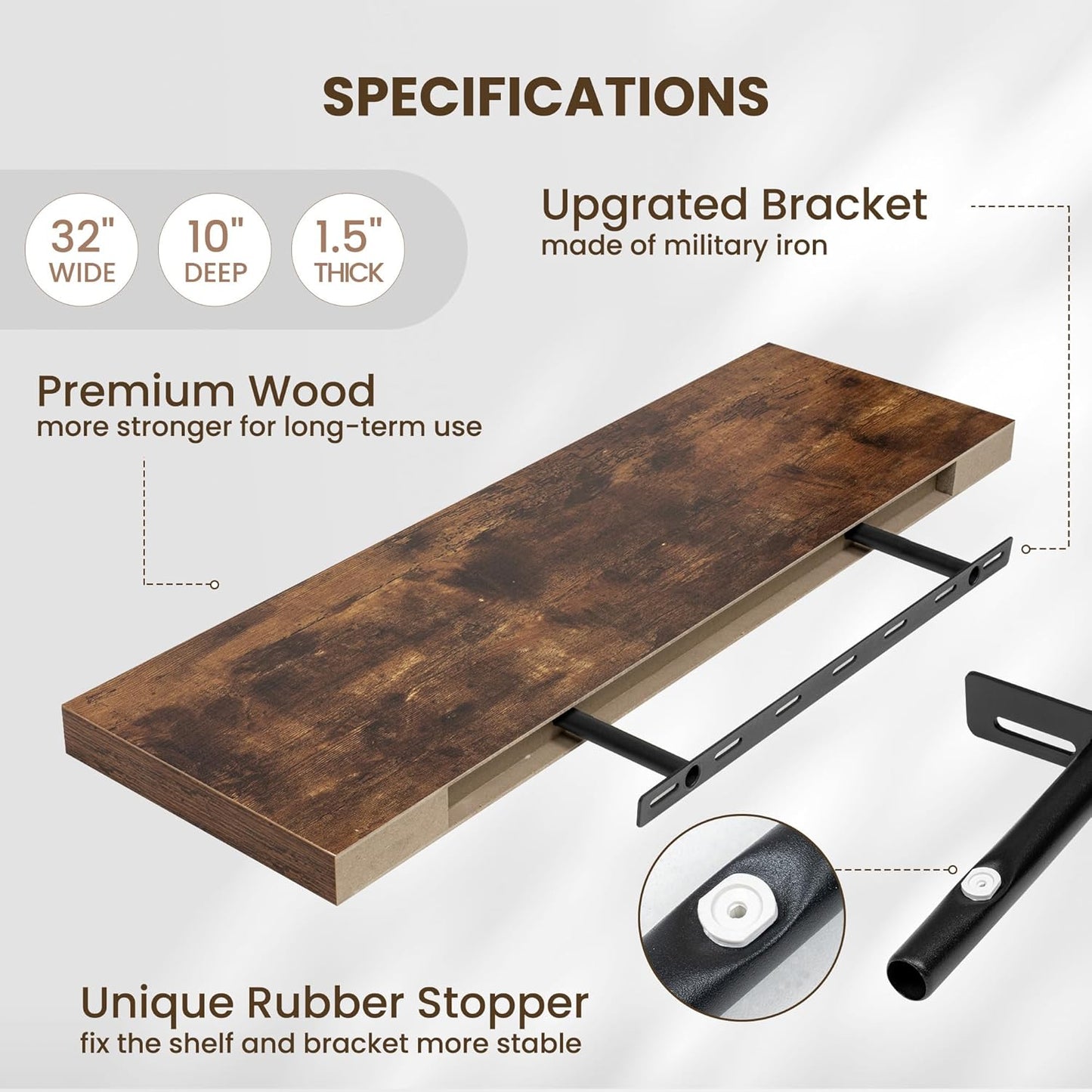 Fun Memories Floating Shelves for Wall, 32 Inch Long Floating Shelves Set of 2, 32 x 10 Wooden Shelves for Wall, Large Storage Shelves, Hanging Shelves for Bathroom Kitchen Bedroom, Rustic Brown