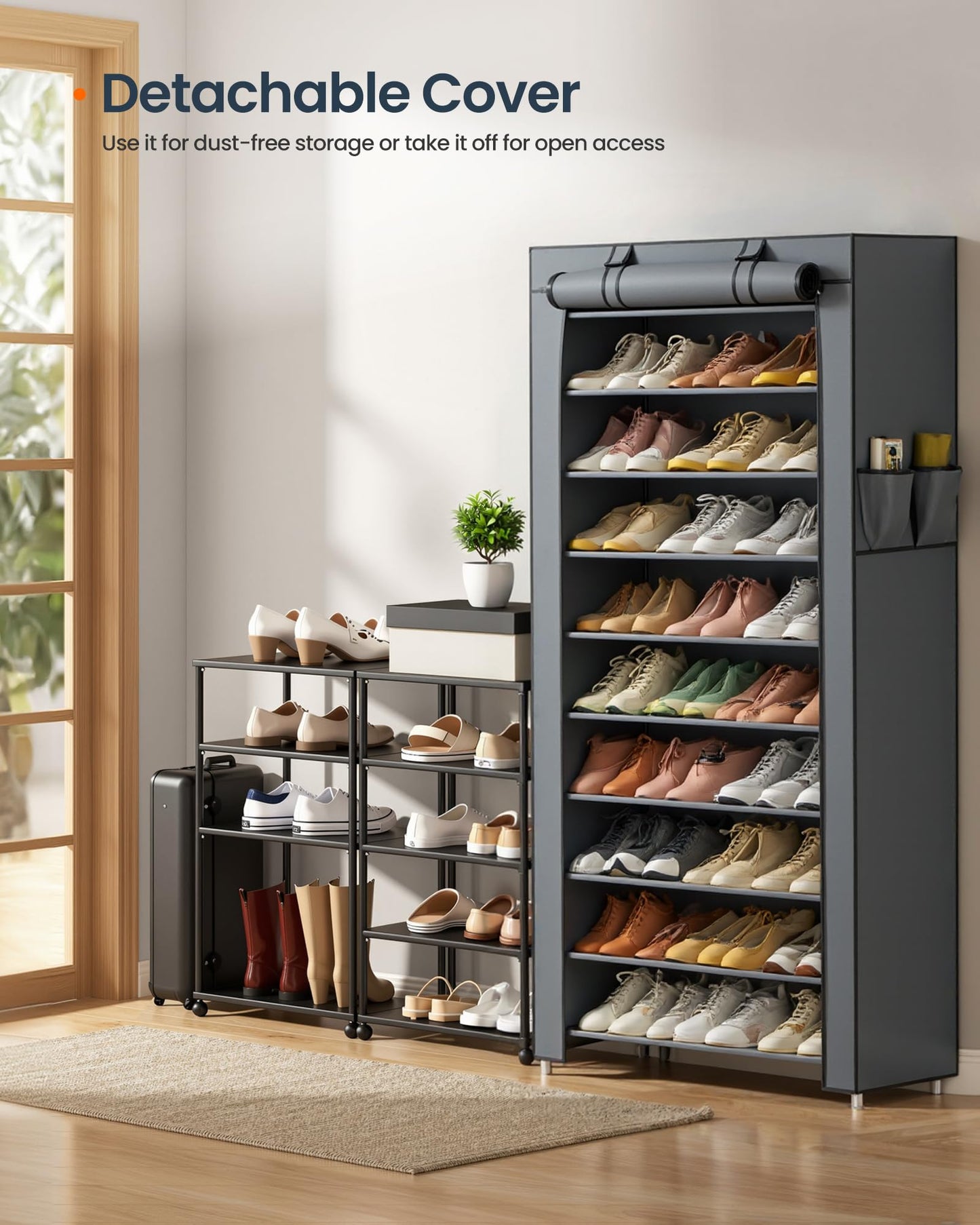 SONGMICS HOME Shoe Rack 10-Tier, Tall Narrow Metal Shoe Organizer with Dust Cover, 11.2 x 33.3 x