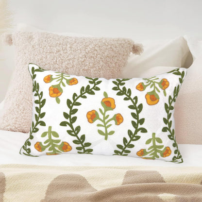 Alysheer Flower Embroidered Summer Decorative Lumbar Throw Pillow Cover 12"x 20", Farmhouse Cottage Orange Floral Green Leaves Patterned Cotton Canvas Cushion Case for Sofa Couch Bed Living Room