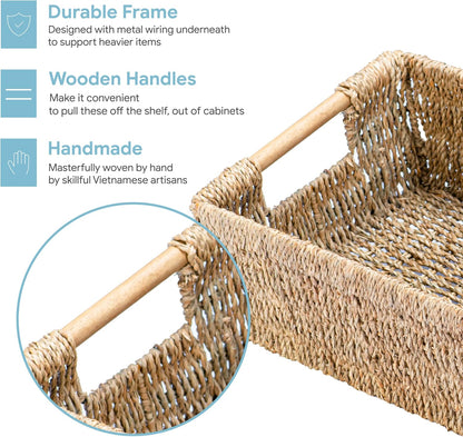 Natural Seagrass Storage Basket with Handle, Rectangular Woven Organizer Bin for Living Room or Shelf, Decorative Storage Basket, Medium Size 13.4 x 9.3 x 4.9 Inches