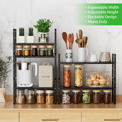 Expandable Cabinet Storage Shelf Stackable Organizer Rack for Kitchen Bathroom Pantry Spice Cupboard Coffee Countertop Home Office Desk Heavy Duty Nonslip Black Large 3 Packs