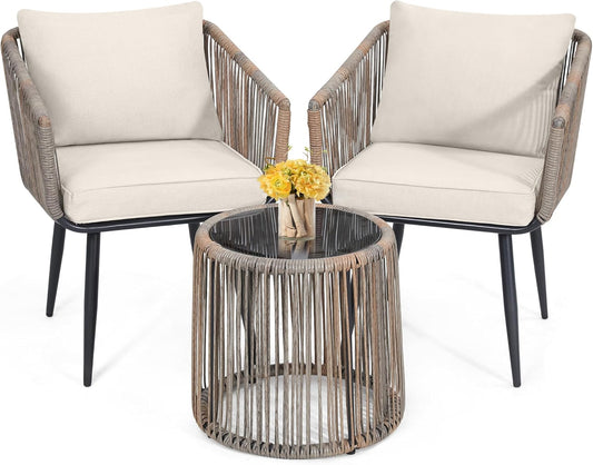 Kromax 3 Pieces Patio Rattan Bistro Conversation Set, Outdoor All-Weather Wicker Furniture Chairs and Side Table Set Ideal for Balcony, Porch and Backyard, Beige
