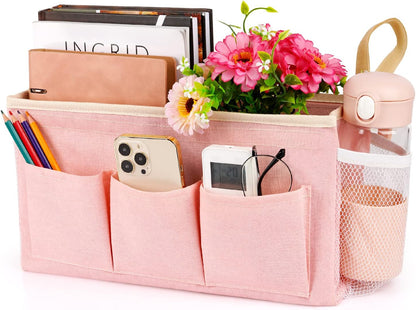 Bedside Organizer with Fixed Straps and Water Bottle Holder for Home, College, Dorm, Bunk, Hospital, Crib, Bed Rails - Pink