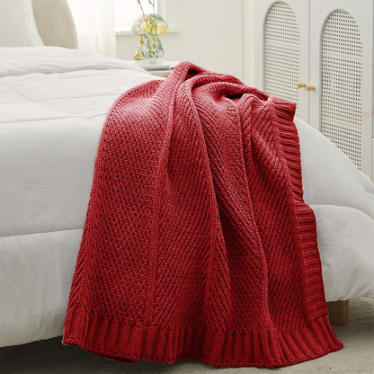 Amélie Home Chenille Knit Throw Blanket for Couch, Chevron Texture Decorative Soft Blanket for Sofa, Bed & Chair, 50"x60", Red