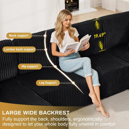 HYJT-H&K Modular Sectional Sofa Cloud Secttional Couch, 132" Comfy U Shaped Couches for Living Room, Deep Seat Memory Foam Fluffy Plush Corduroy Boneless Couch Sectionals with Chaise, Black