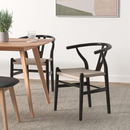POLY & BARK Weave Dining Chairs – Mid-Century Modern Wishbone Dining Chairs with Arms, Solid Wood Frame, Indoor Use – Black – Set of 2 - Ideal for Dining Room, Kitchen or Stylish Accent Setting
