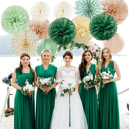 Olive-Sage Green Champagne-Gold Party-Decorations Lanterns - 14pcs Rustic Wedding Paper Fan Streamers,Tissue Pom Poms Honeycomb,Boho Bachelorette Neutral Baby Shower Birthday Bridal Decor Ouruola