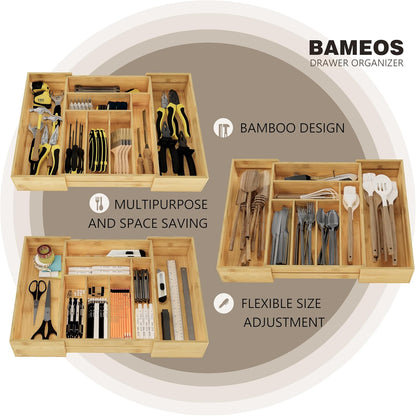 BAMEOS 3.9inch Tall Bamboo Drawer Organizer, Expandable Utensil Holder with 8 Compartments, Adjustable Kitchen Drawer Divider for Flatware, Silverware and Gadgets, Deep Storage for Home and Office
