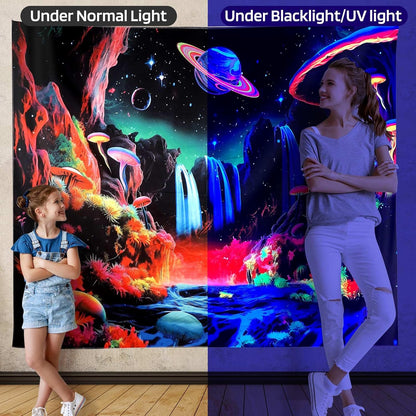 ADDWel Blacklight Mushroom Planet Tapestry, Black Fantastic Tapestry Glow In The Dark, UV Reactive Black Light Posters Wall Hanging for Bedroom Dorm Living Room Backdrop Decor