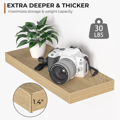 Fun Memories Floating Shelves - 16 Inch Wall Shelf for Decor & Storage - Wall Mounted Display Shelving with Invisible Heavy Duty Metal Bracket 2Pack, Oak