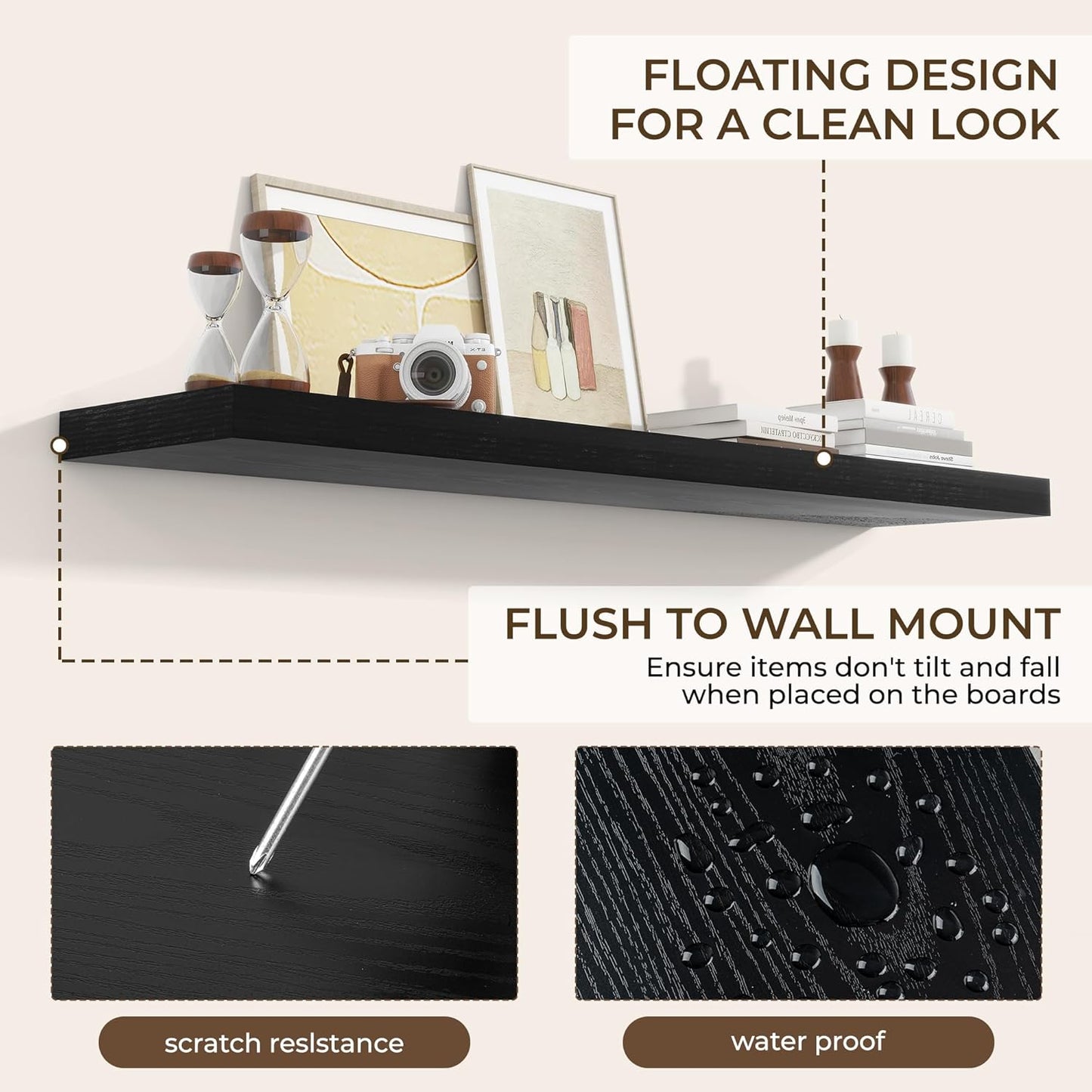 RICHFOCUS 55Inch Floating Shelves for Wall 2 Pack Shelves for Bedroom|Kitchen|Bathroom Wall Mounted Rustic Wood Floating Shelf with Invisible Brackets for Books|Storage|Decor, Black