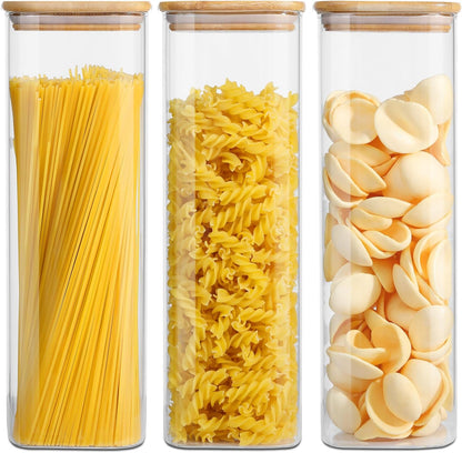 Glass Food Storage Jars with Lids(76oz)Square Set of 3 ,Glass Storage Containers Clear Glass Food Canister with Bamboo Lid Airtight For Serving Tea, Coffee Beans, Flour,Cookie, Cereal,Spice and More