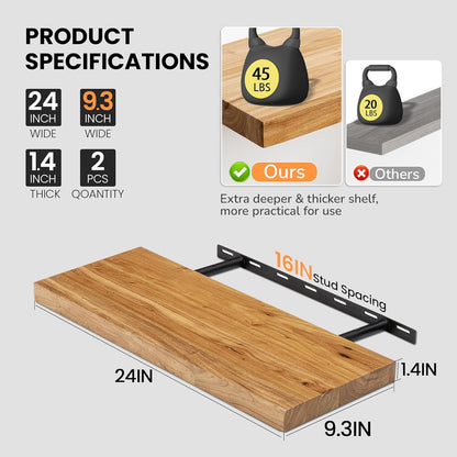 Fun Memories Floating Shelves for Wall, 24"x9.3" Rustic Solid Elm Wood Shelves, Heavy-Duty Wall Mounted Shelves with Invisible Brackets, Set of 2 for Living Room, Bedroom, Kitchen, Natural Finish