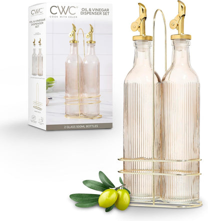 COOK WITH COLOR Glass Olive Oil Bottle Dispenser - 2 Pack- 17oz Oil and Vinegar Cruet - Olive Oil Carafe Decanter for Kitchen