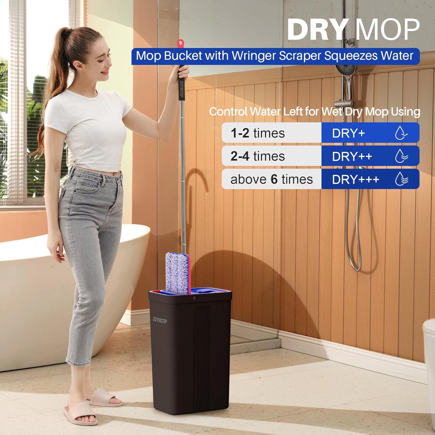 JOYMOOP Mop and Bucket with Wringer Set, Hands Free Flat Floor Mop and Bucket, with 6 Washable Microfiber Pads, Wet and Dry Use, Floor Cleaning System - Black+Red+Slate Blue