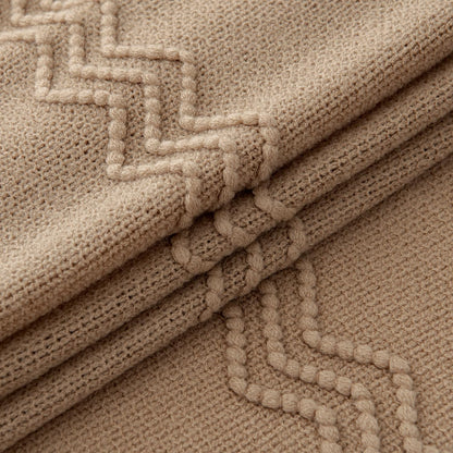 MIULEE Tan Taupe Knitted Throw Blanket for Couch Boho Textured Cozy Woven Blanket with Tassels for Sofa Chair Bed Living Room Farmhouse Home Decor Acrylic Wave Pattern 50"x60"