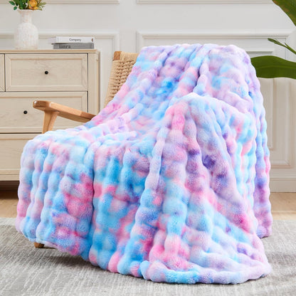 NEWCOSPLAY Faux Fur Throw Blanket Purple Rainbow Luxury Fluffy Thick Warm Bubble Blanket for Couch Sofa Bed 700GSM (Purple Rainbow, Throw(50"x60"))