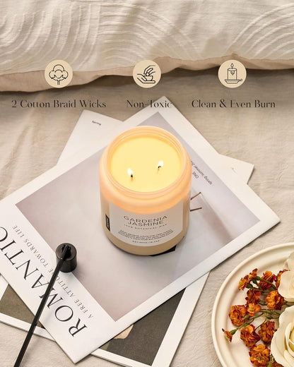 M&SENSE Gardenia Jasmine Scented Candle, 110 Hours Slow Burning Clean Non Toxic 19.4oz 2 Wicks Highly Scented Aromatherapy Candle for Housewarming Gifts, Long Lasting Fragrance for Bath & Office