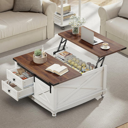 31.5" Lift Top Coffee Table with Storage, Farmhouse Coffee Tables for Living Room, Square Coffee Table with Large Hidden Storage Compartment, 2 Drawers & Removable Shelves, White