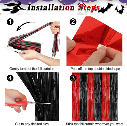 8 Pack Halloween Party Supplies, 3.28 FT x 7.05 FT Red and Black Foil Streamer, Metallic Fringe Curtains Tinsel Backdrop Party Streamer, Hanging Halloween Decorations Casino Party Decor